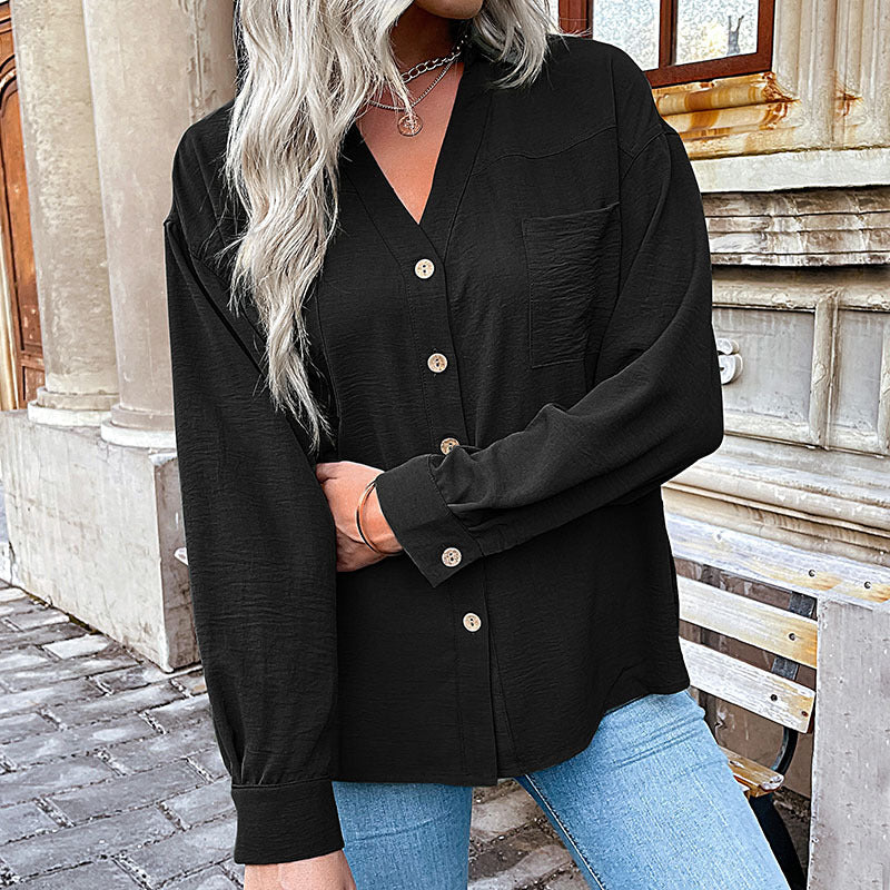 Oversized Solid Button-Down Shirt with V-Neck