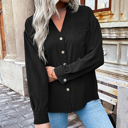 Oversized Solid Button-Down Shirt with V-Neck