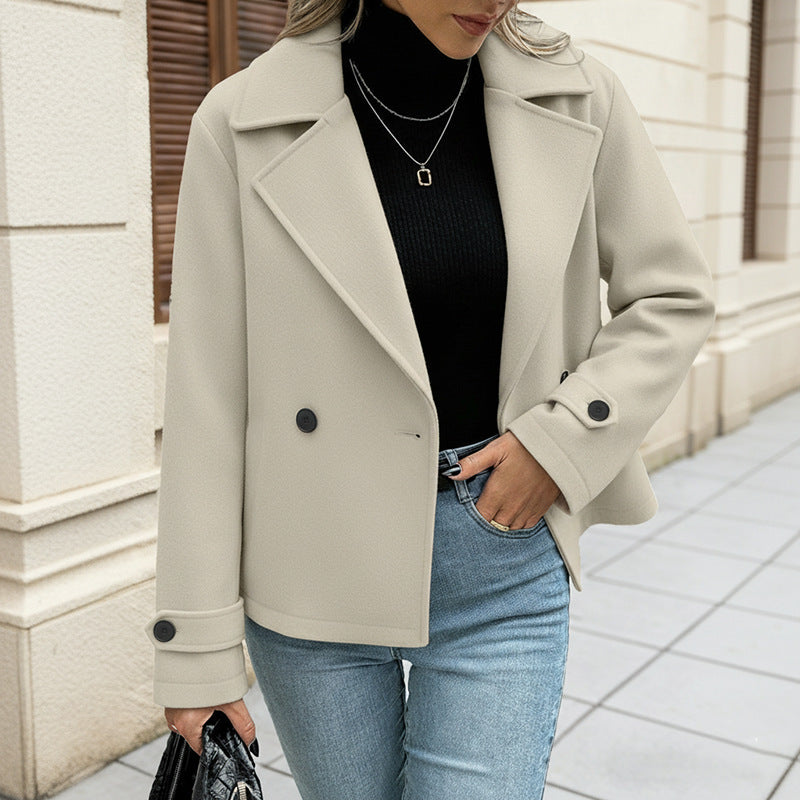 Cropped Double-Breasted Coat with Notched Lapels