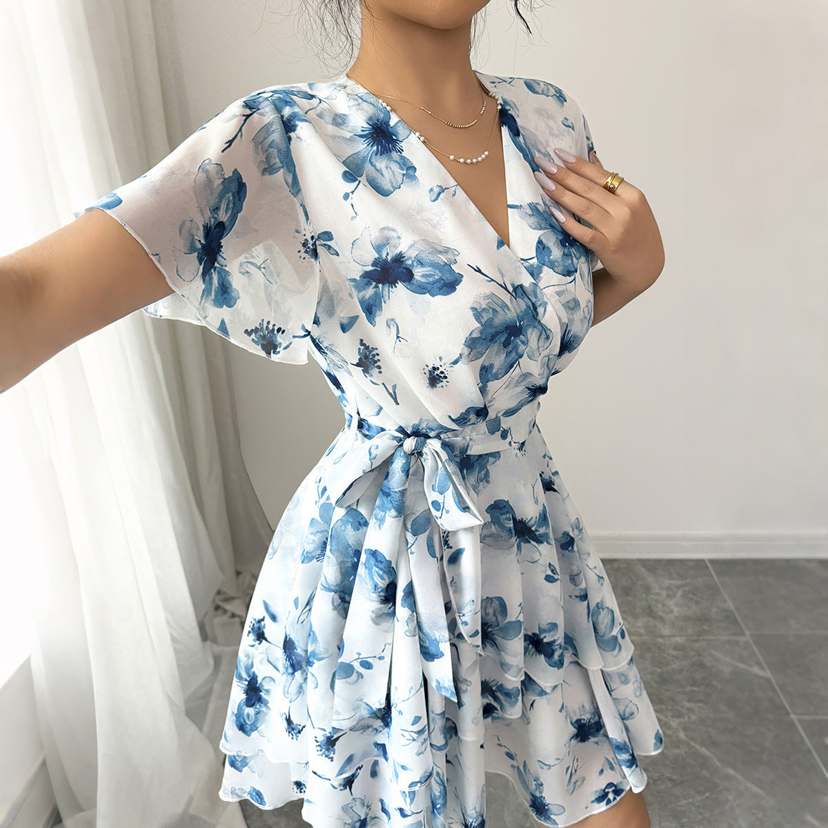 Floral Wrap Mini Dress with Tiered Skirt