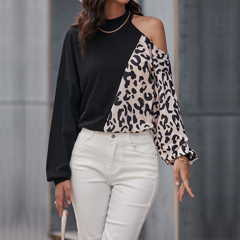 Spliced Leopard Print Long-Sleeve Top with Cold Shoulder