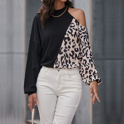 Spliced Leopard Print Long-Sleeve Top with Cold Shoulder