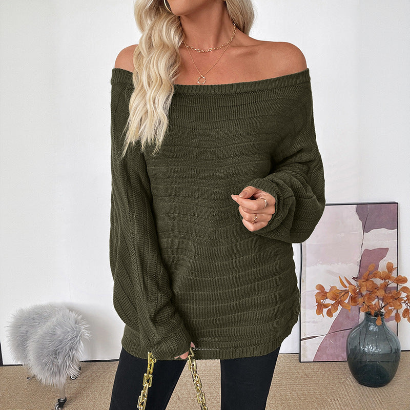 Loose Ribbed Knit Sweater with Off-Shoulder Neck and Batwing Sleeves