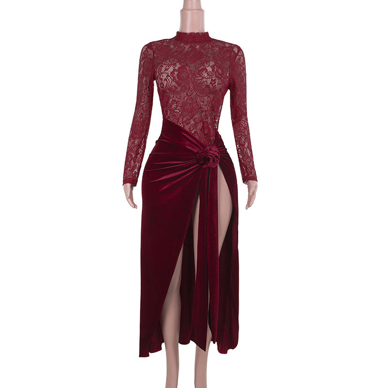 Backless Lace and Velvet Bodycon Maxi Dress with High Slit