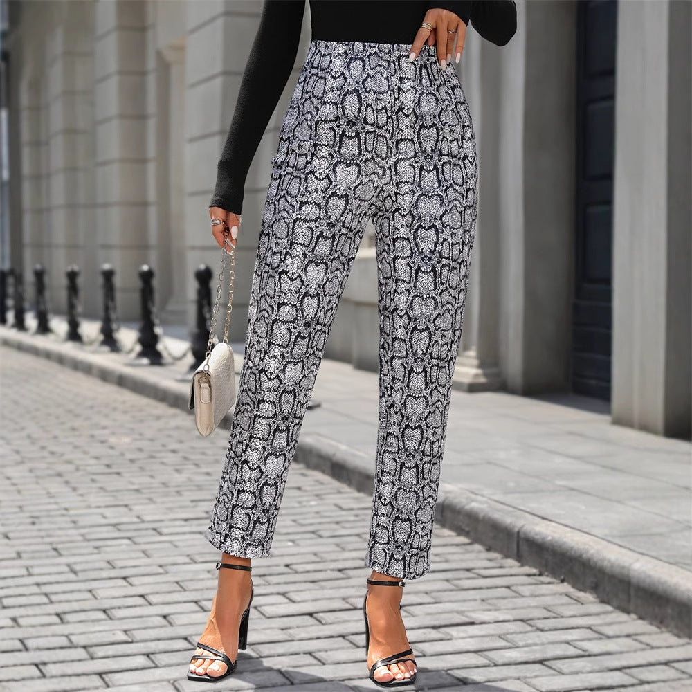 Snake Print Pencil Trousers with High Waist and Stretch