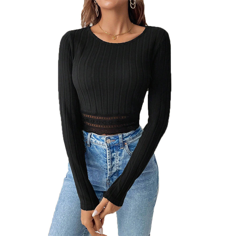 Slim Fit Ribbed Long Sleeve Crop Top with Lace Trim
