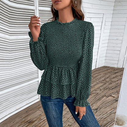 Spring Autumn Shirts Women's Mid-Collar Printed Long-Sleeve Shirt