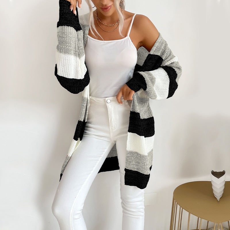 Striped Open Front Cardigan with Long Length