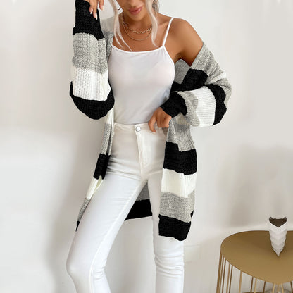 Striped Open Front Cardigan with Long Length