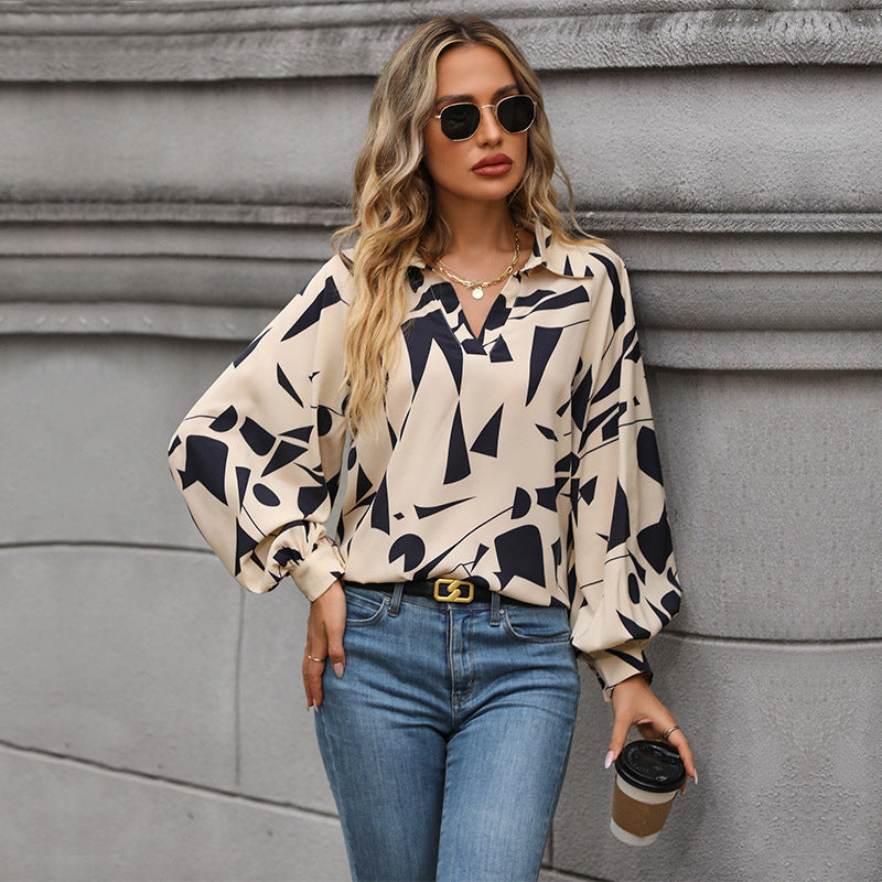 Abstract Geometric Print Blouse with Lapel and Lantern Sleeves