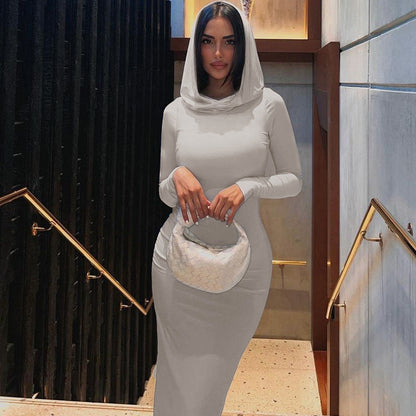 Solid Hooded Bodycon Maxi Dress with Long Sleeves
