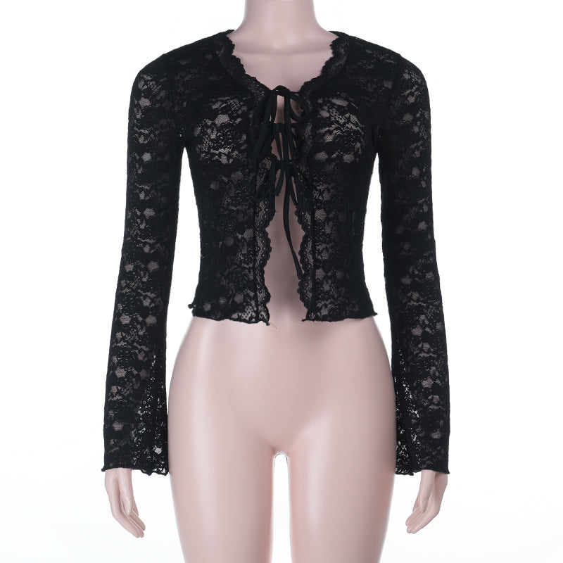 Slim Fit Sheer Lace Cardigan with Tie-Front and Bell Sleeves