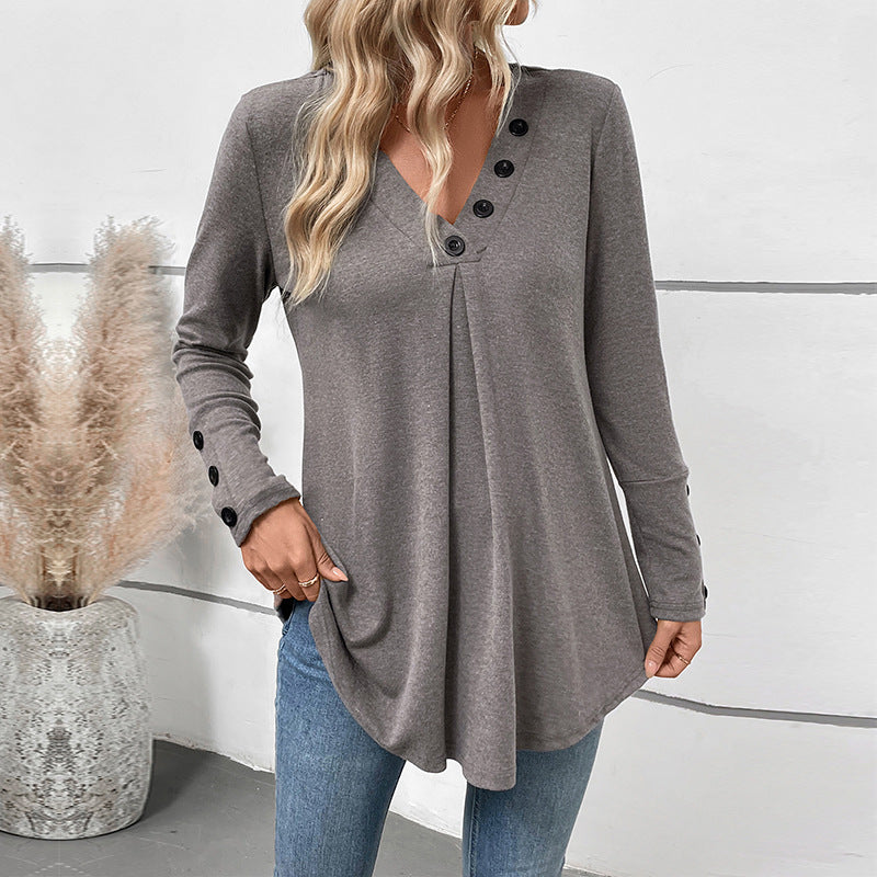 Solid Tunic Top with Pleated Button V-Neck