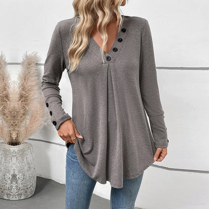 Solid Tunic Top with Pleated Button V-Neck