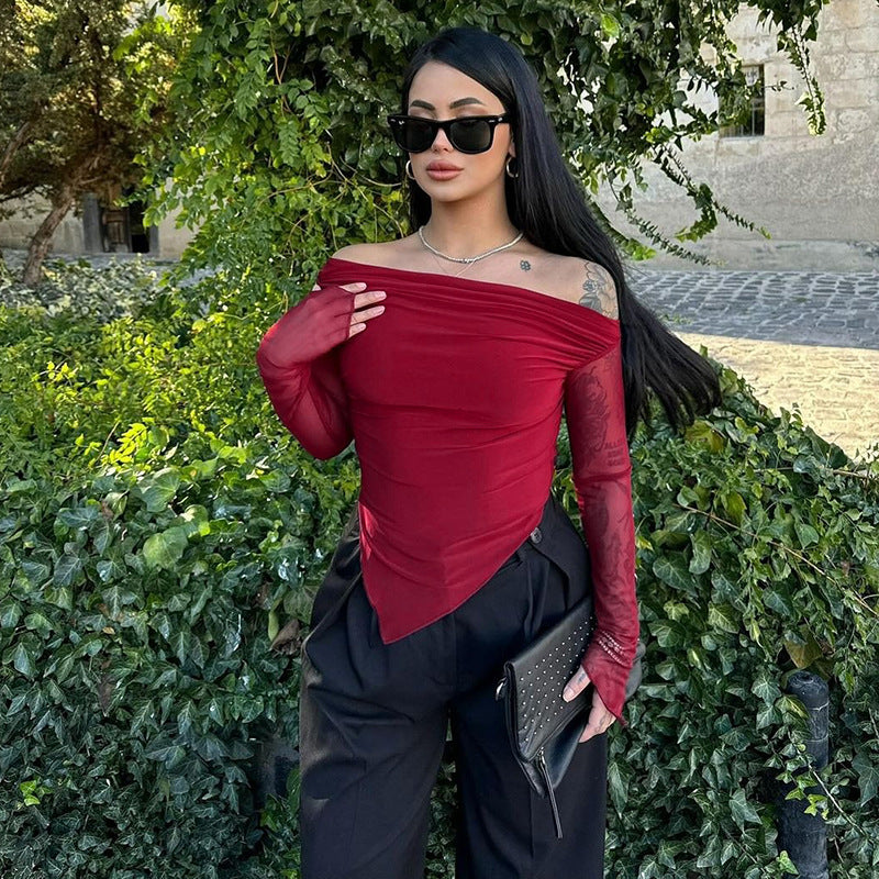 Elegant Slim Fit Long Sleeve Top With Mesh Sleeves Black