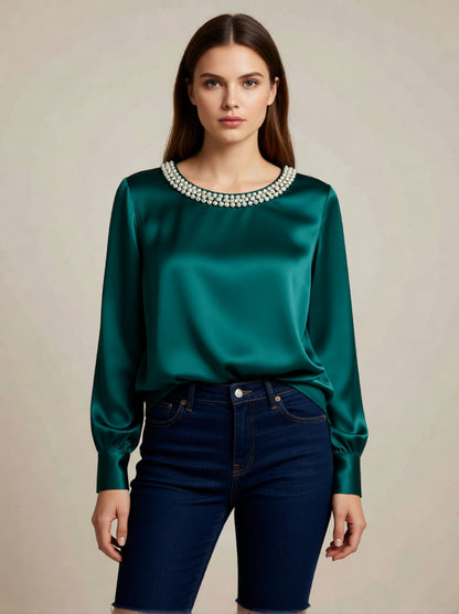 Satin Blouse with Pearl Embellished Crew Neck