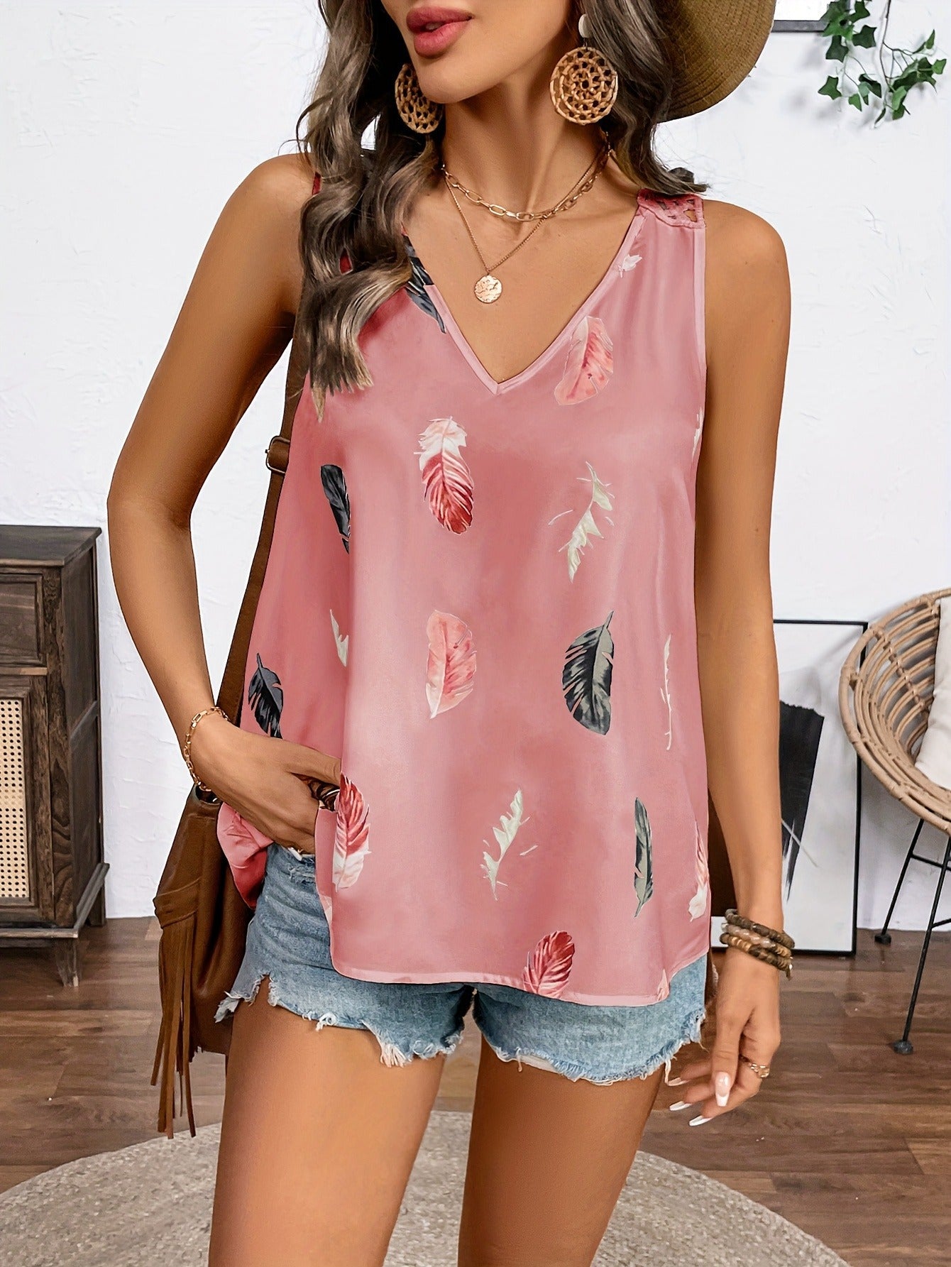 Feather Print Sleeveless Top with V-Neck and Crochet Back