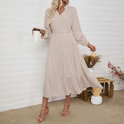 A-Line Tiered Midi Dress with V-Neck and Belted Waist