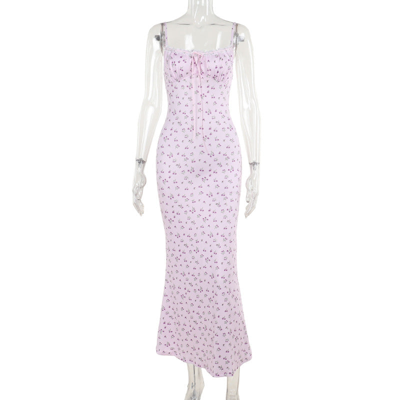 Floral Bodycon Maxi Dress with Lace Trim and Tie Front