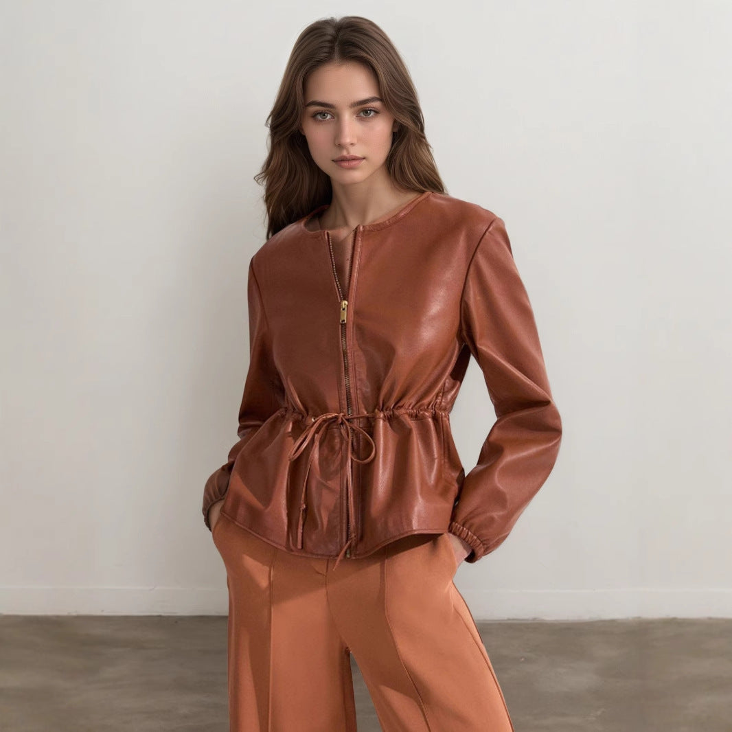 Brown Faux Leather Jacket with Round Neck and Drawstring Waist