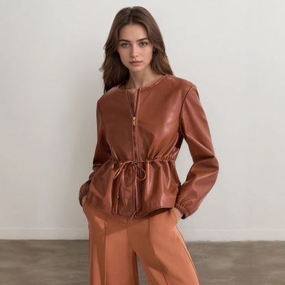 Brown Faux Leather Jacket with Round Neck and Drawstring Waist
