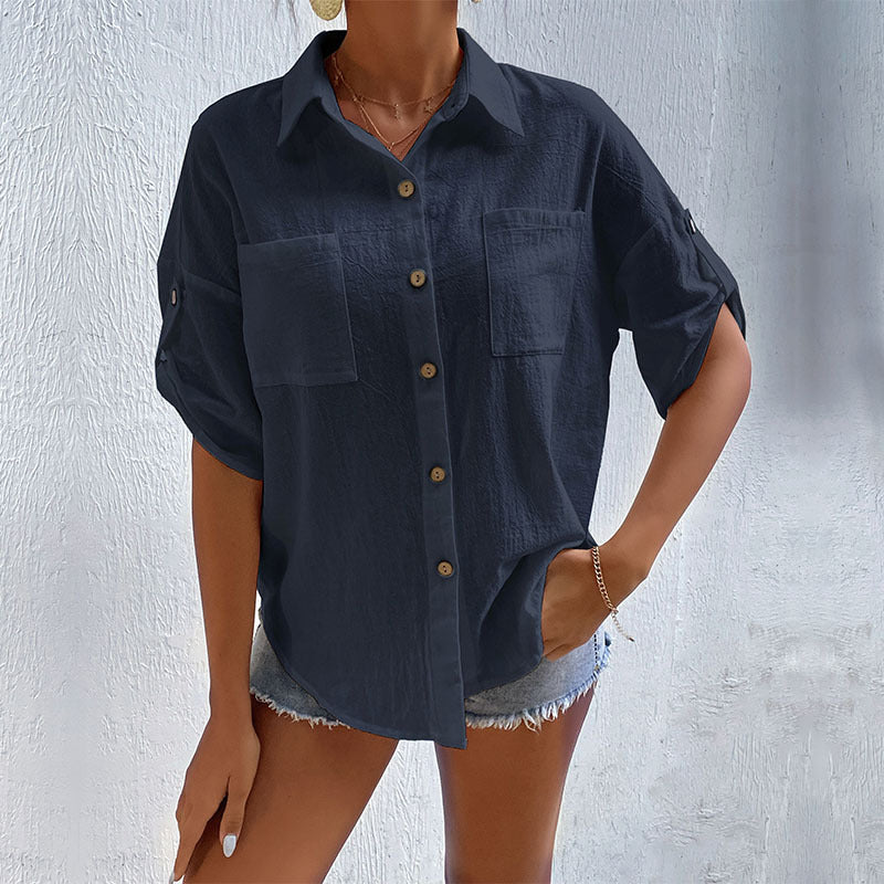 Loose Solid Shirt with Short Tab Sleeves and Chest Pockets