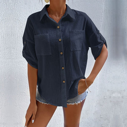 Loose Solid Shirt with Short Tab Sleeves and Chest Pockets