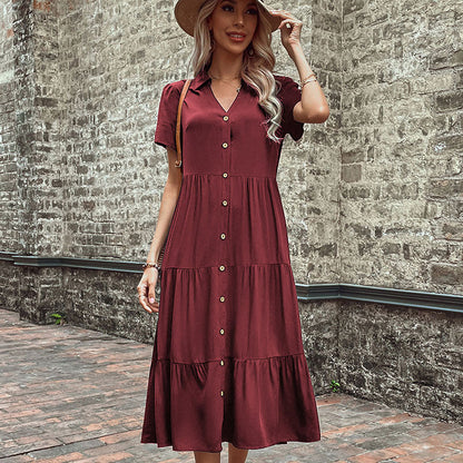 Solid Tiered A-Line Midi Dress with Button-Down Front