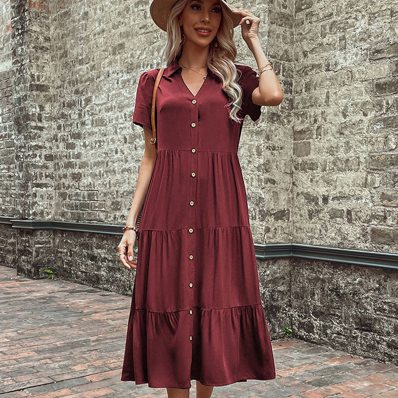 Solid Tiered Midi Shirt Dress with V-Neck and Button Front