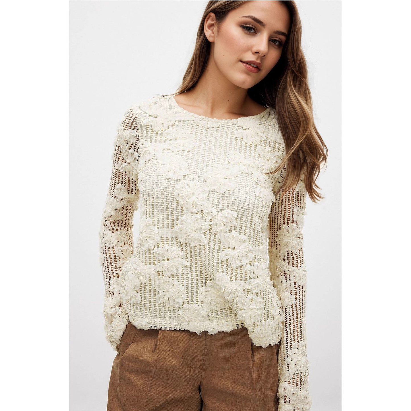 Slim Fit Open-Knit Top with 3D Floral Appliques