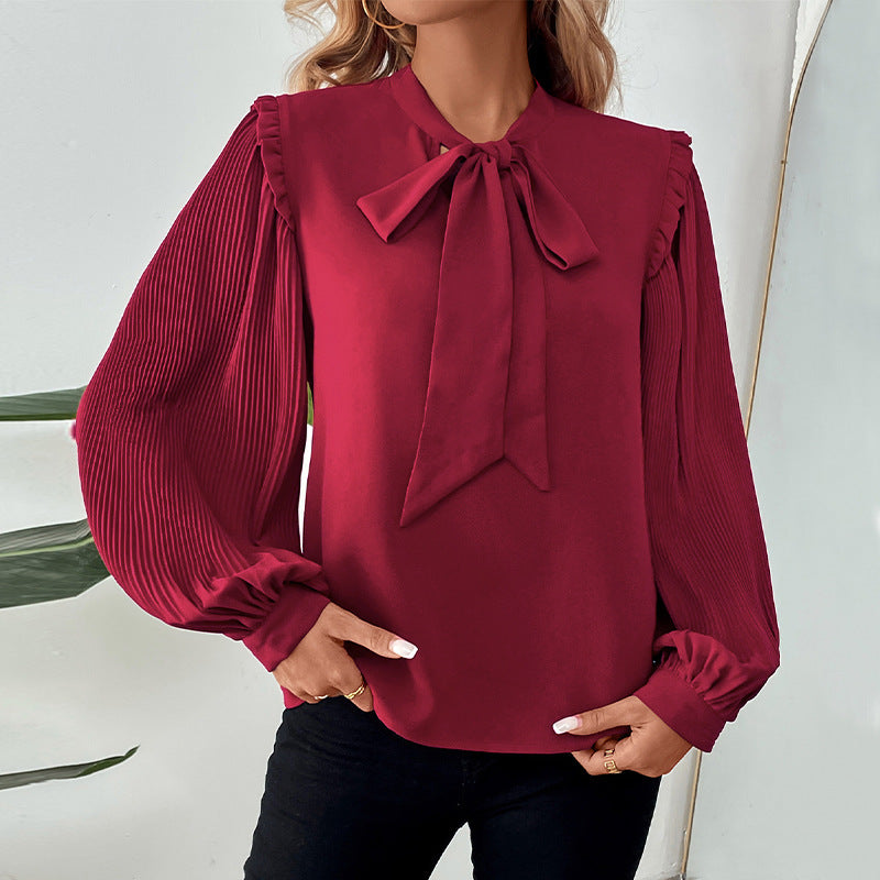 Solid Blouse with Tie-Neck Bow and Pleated Lantern Sleeves
