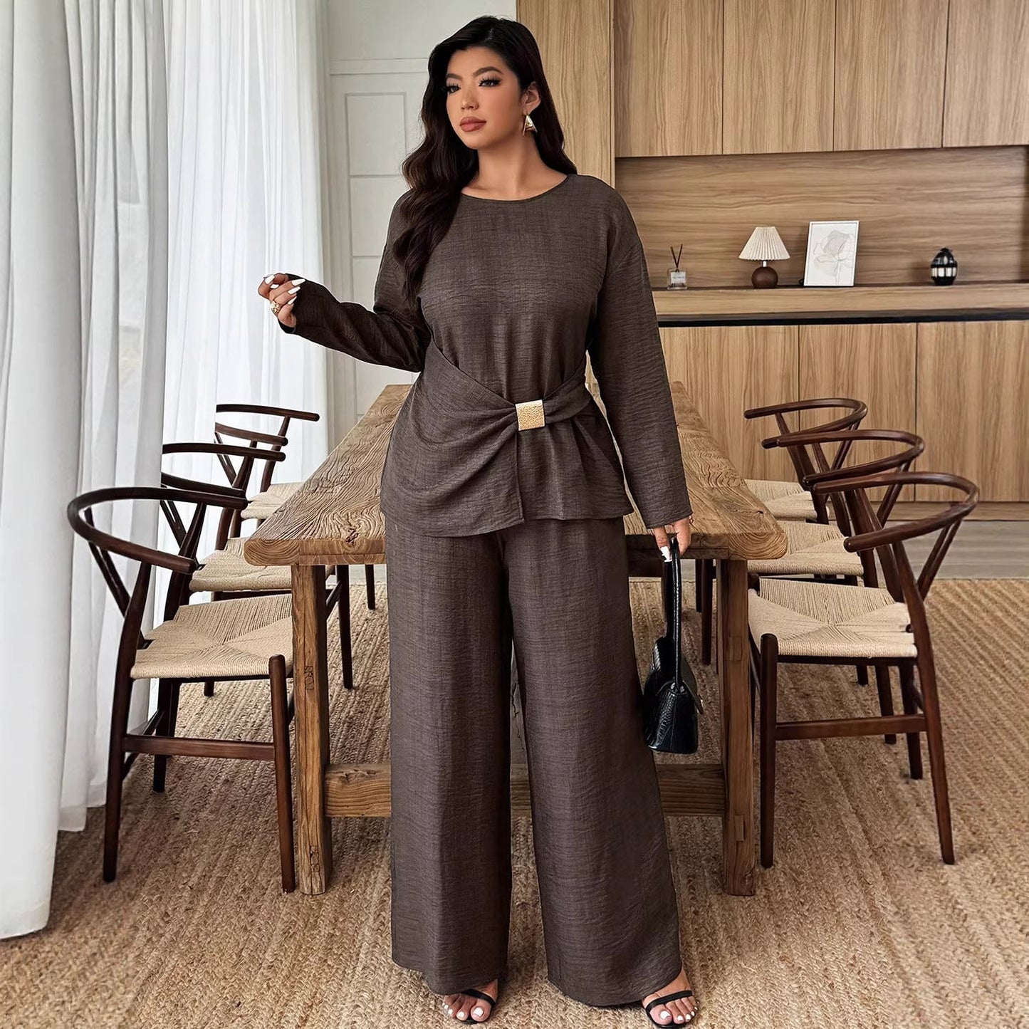 Wide-Leg Pants Set with Ruched Waist and Gold Buckle