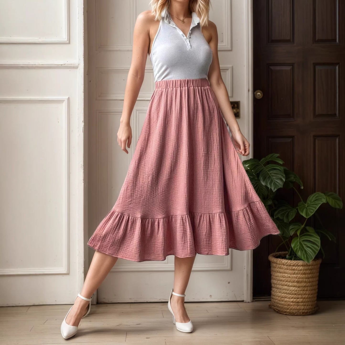 Textured Viscose Midi Skirt with High Waist and Ruffled Hem