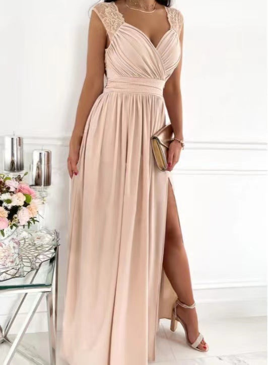 A-Line Maxi Dress with Ruched V-Neck and High Slit