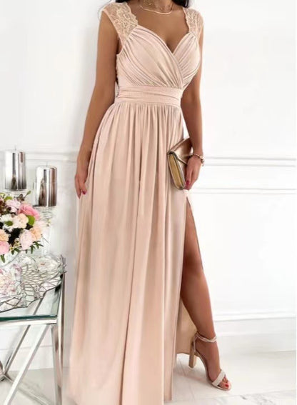 A-Line Maxi Dress with Ruched V-Neck and High Slit