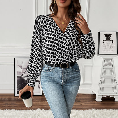 Geometric Print Blouse with V-Neck and Long Sleeves