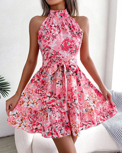Floral Print Halter Neck Mini Dress with Tie-Waist