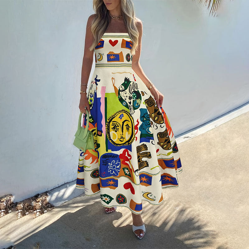 Colorful Graffiti Print A-Line Maxi Dress with Sling Straps