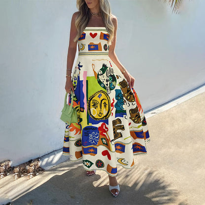Colorful Graffiti Print A-Line Maxi Dress with Sling Straps