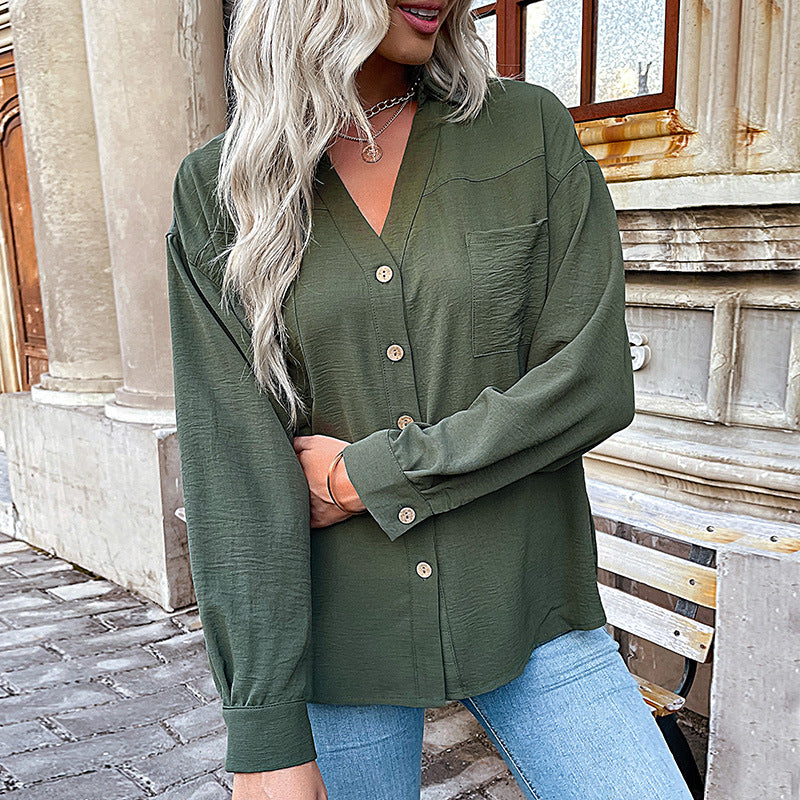 Oversized Solid Button-Down Shirt with V-Neck