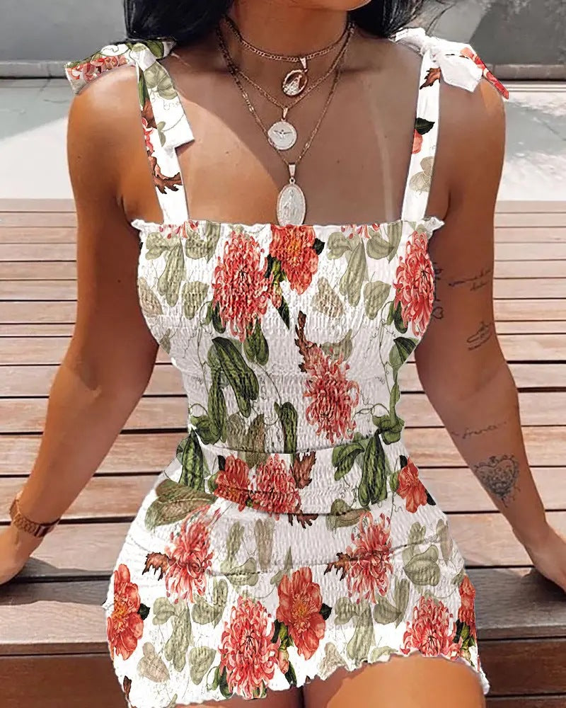 Floral Print Ruched Bodycon Mini Dress with Tie Straps