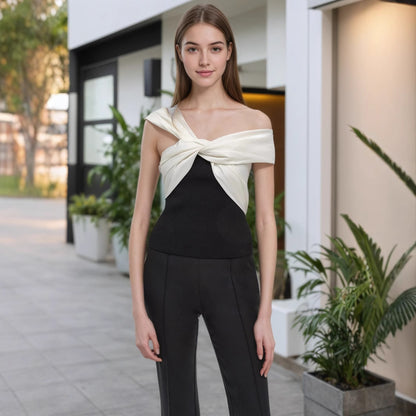 Color Block Top with Twisted Off-Shoulder Design