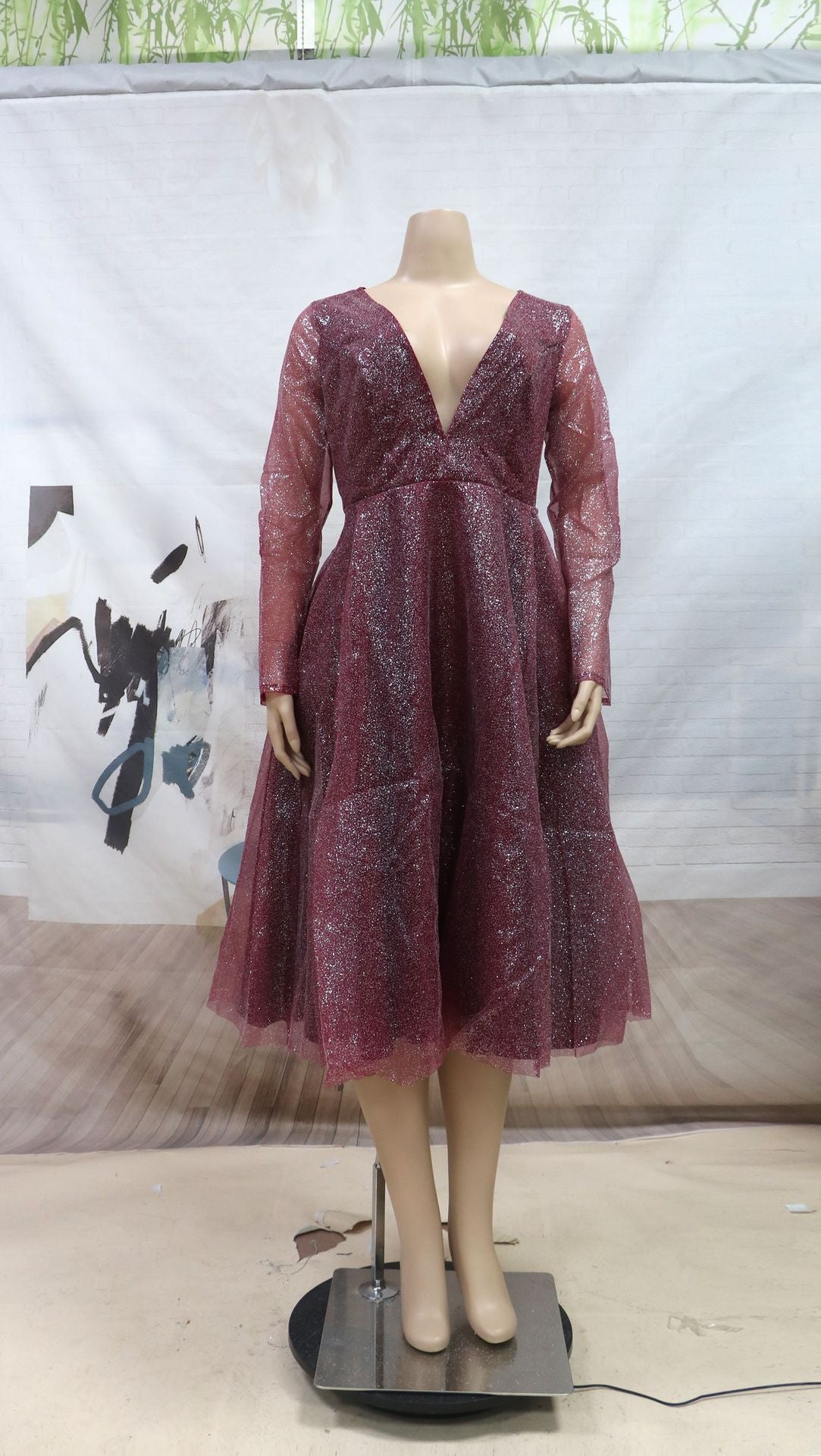 Glitter A-Line Midi Dress with Deep V-Neck