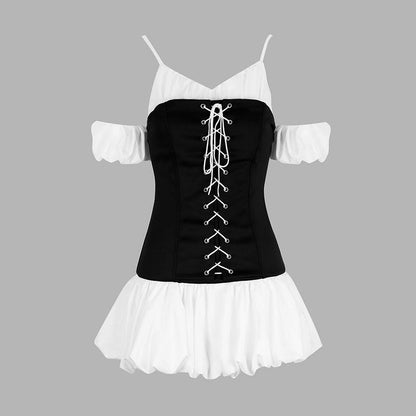 Color-Block Mini Dress with Lace-Up Corset and Puff Sleeves