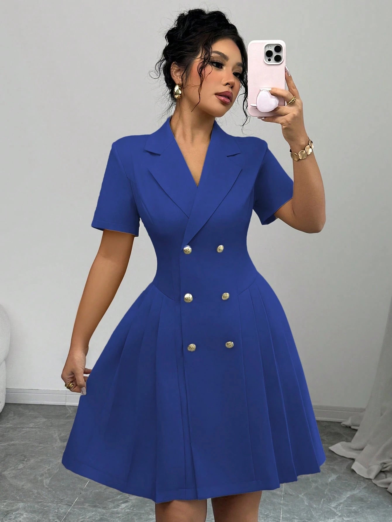 Blazer Dress with Short Sleeves, Double-Breasted Buttons, and Pleated Skirt
