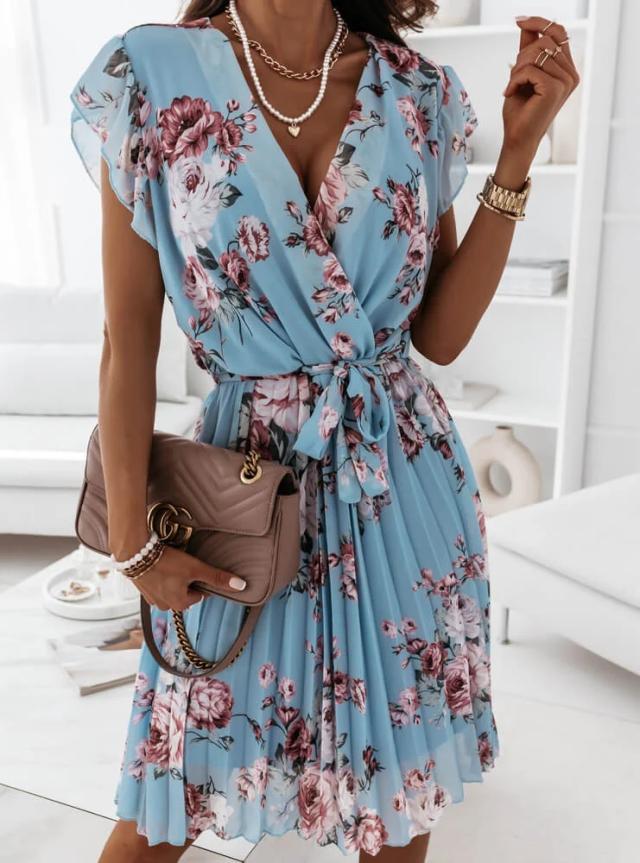 Floral Wrap Midi Dress with Pleated Skirt and Ruffle Sleeves