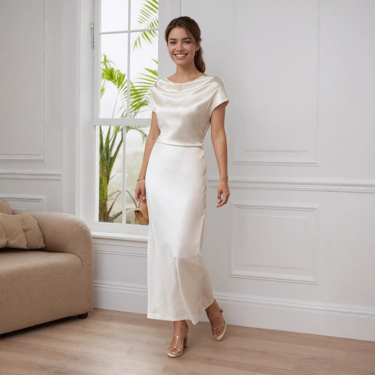 Solid Satin Maxi Dress with Cowl Neck and Tie-Back