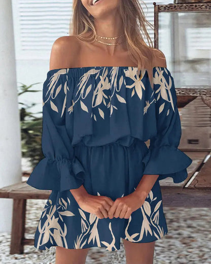 Printed Off-Shoulder Mini Dress with Elasticated Waist