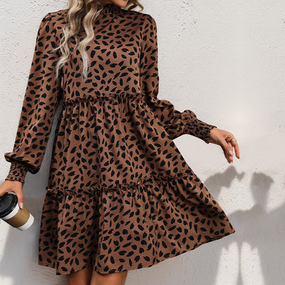 Animal Print Tiered Dress with Half Turtleneck