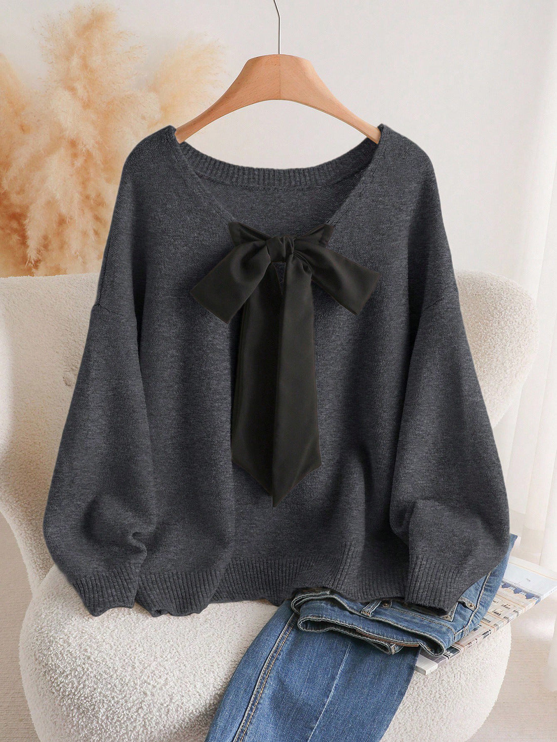 Loose V-Neck Knit Sweater with Oversized Bow Tie